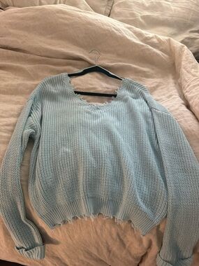 Jessica Simpson Pale Blue Distressed Crewneck Sweater